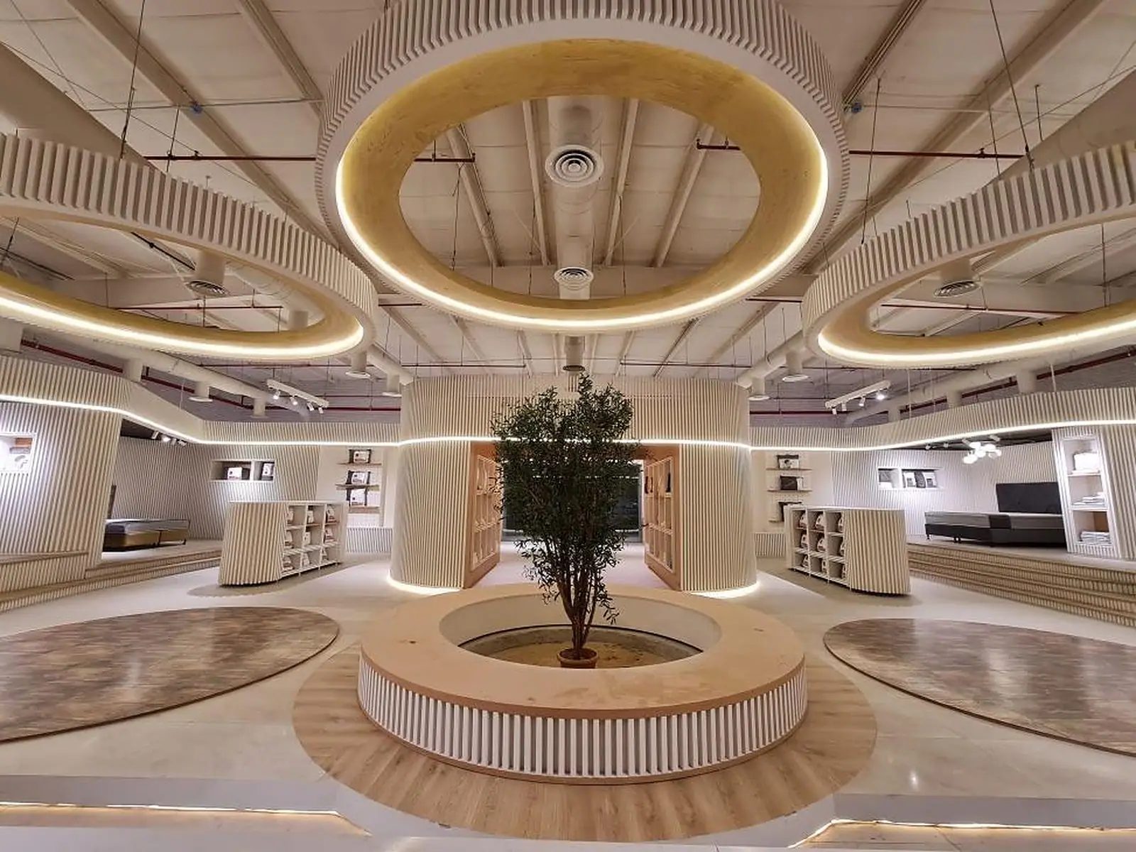 Lyvva showroom in Buraydah: a curved timber-slat interior under a ring of light